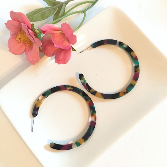 Resin Tortoise Shell Hoop Dangle Earrings - Picture 2 of 3